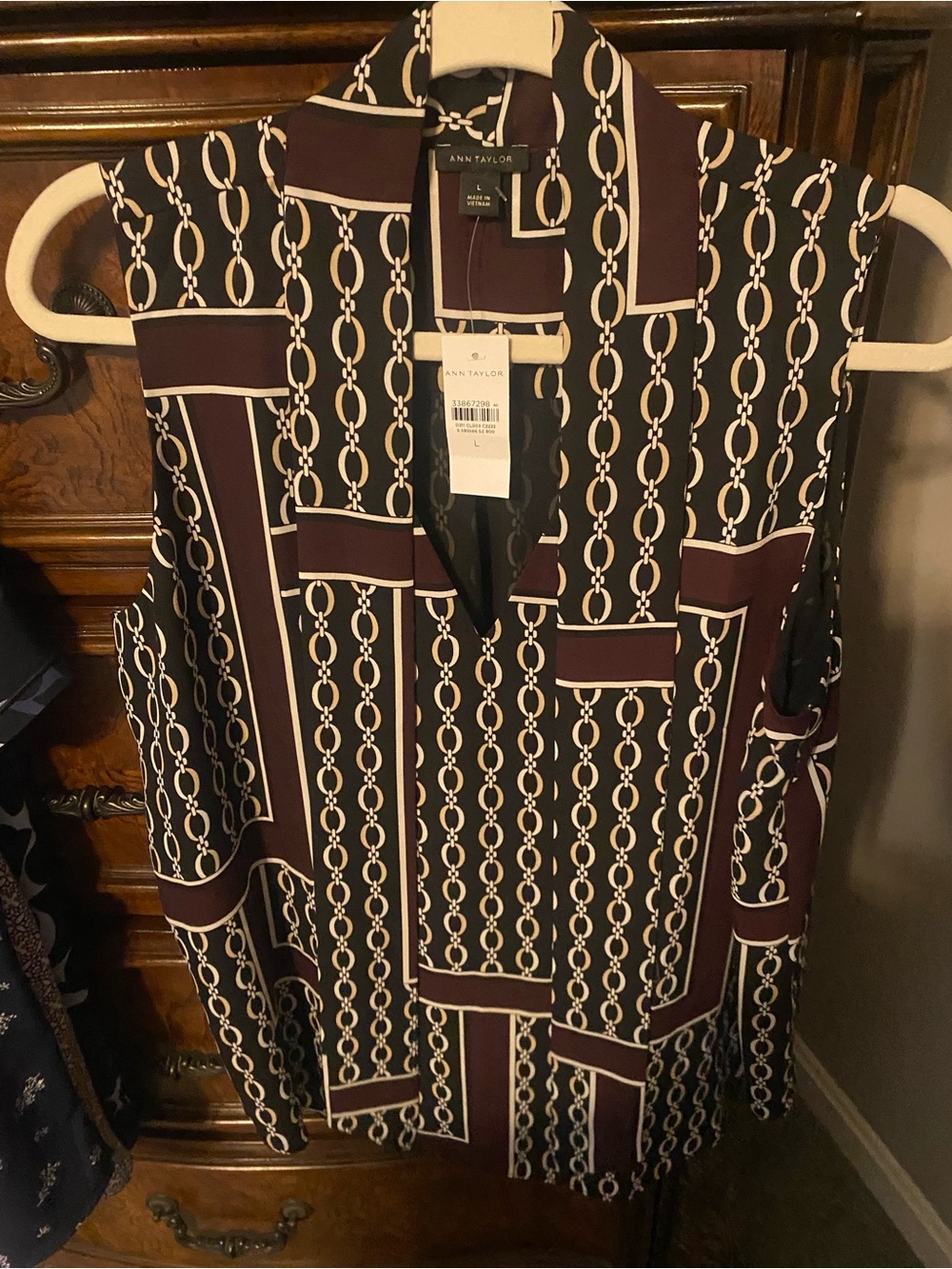 Ann Taylor chain print necktie bow sleeveless blouse nwt